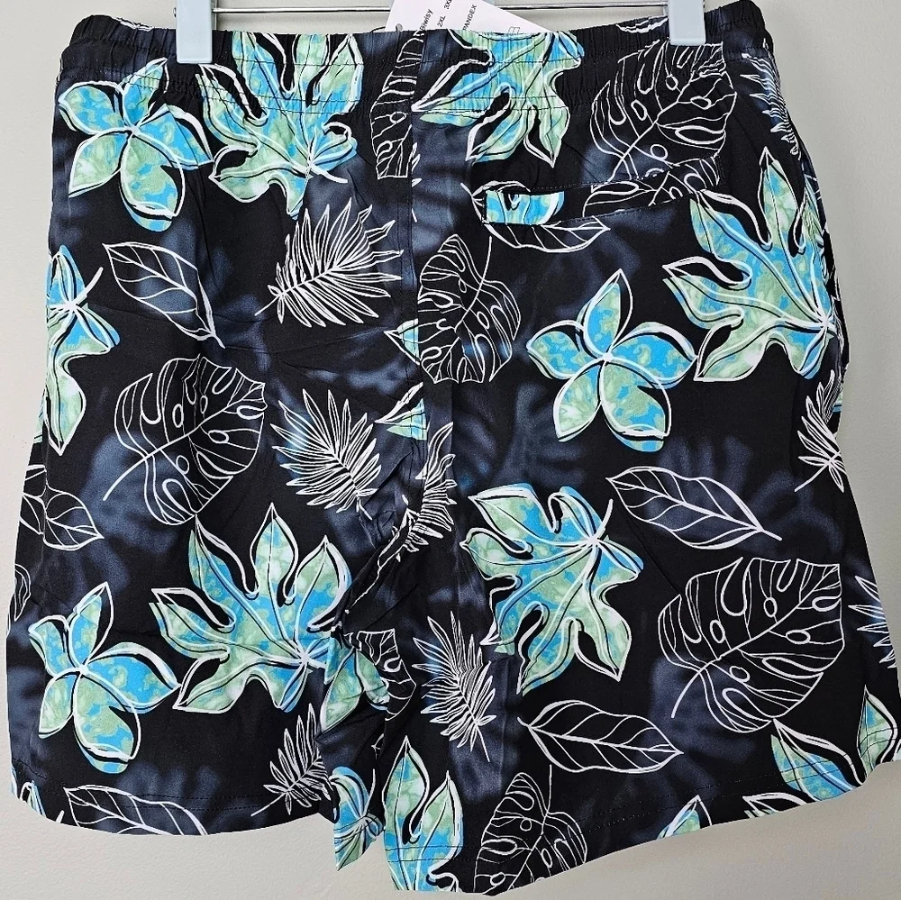 Men's Quick Dry Tropical Beach Shorts Swimsuit Swimwear Swim Trunks, Black/Teal
